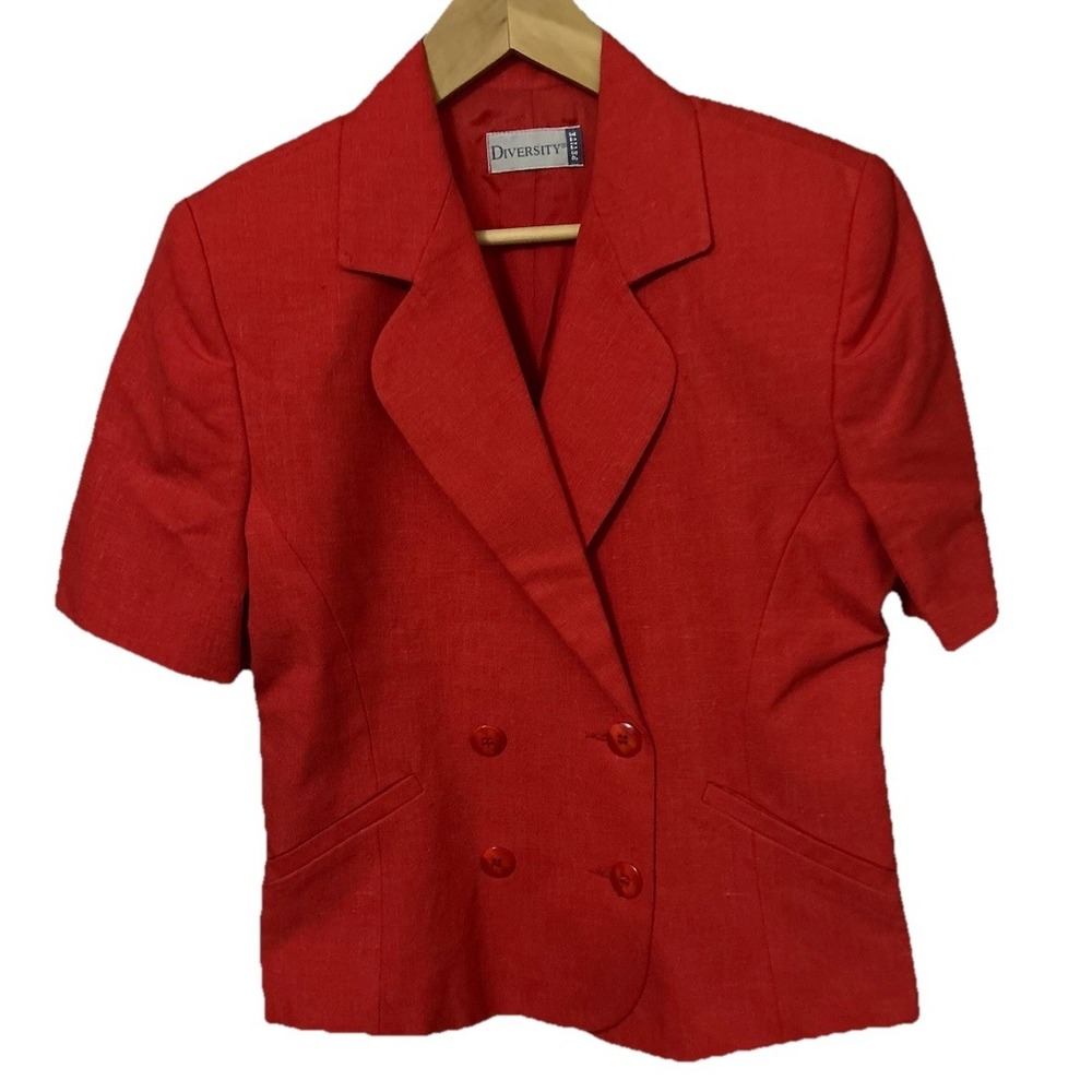 Diversity Petite Vintage Women's Size 8P Red Linen Blend Short Sleeve Blazer-428